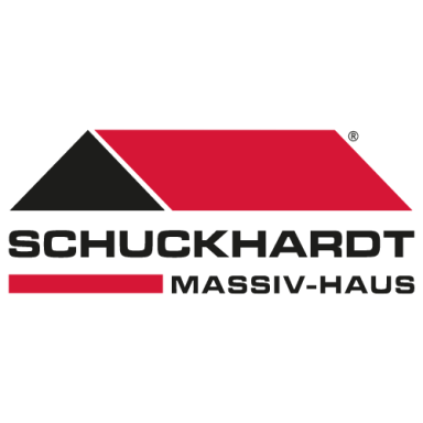 Logo von Schuckhardt Massiv-Haus mit rotem, schwarzem und grauem Dach.